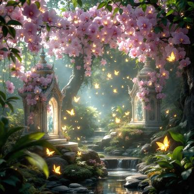 Primary subject: A beautifully designed garden with a waterfall, featuring a bridge, a temple, and a tree with pink flowers.

Setting/background: The garden is set in a lush, green forest, with a waterfall flowing through the scene.

Visual style: The image is a digital artwork, showcasing intricate details and a vibrant color palette.

Colors and mood: The garden is filled with a variety of colors, including pink flowers, greenery,
